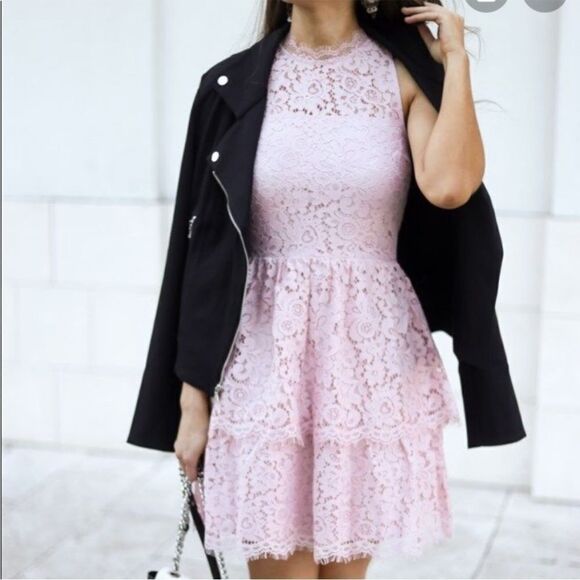 Express Pink Lace Tiered Style Dress Feminine Contemporary Boho Cottage Core - Picture 2 of 16